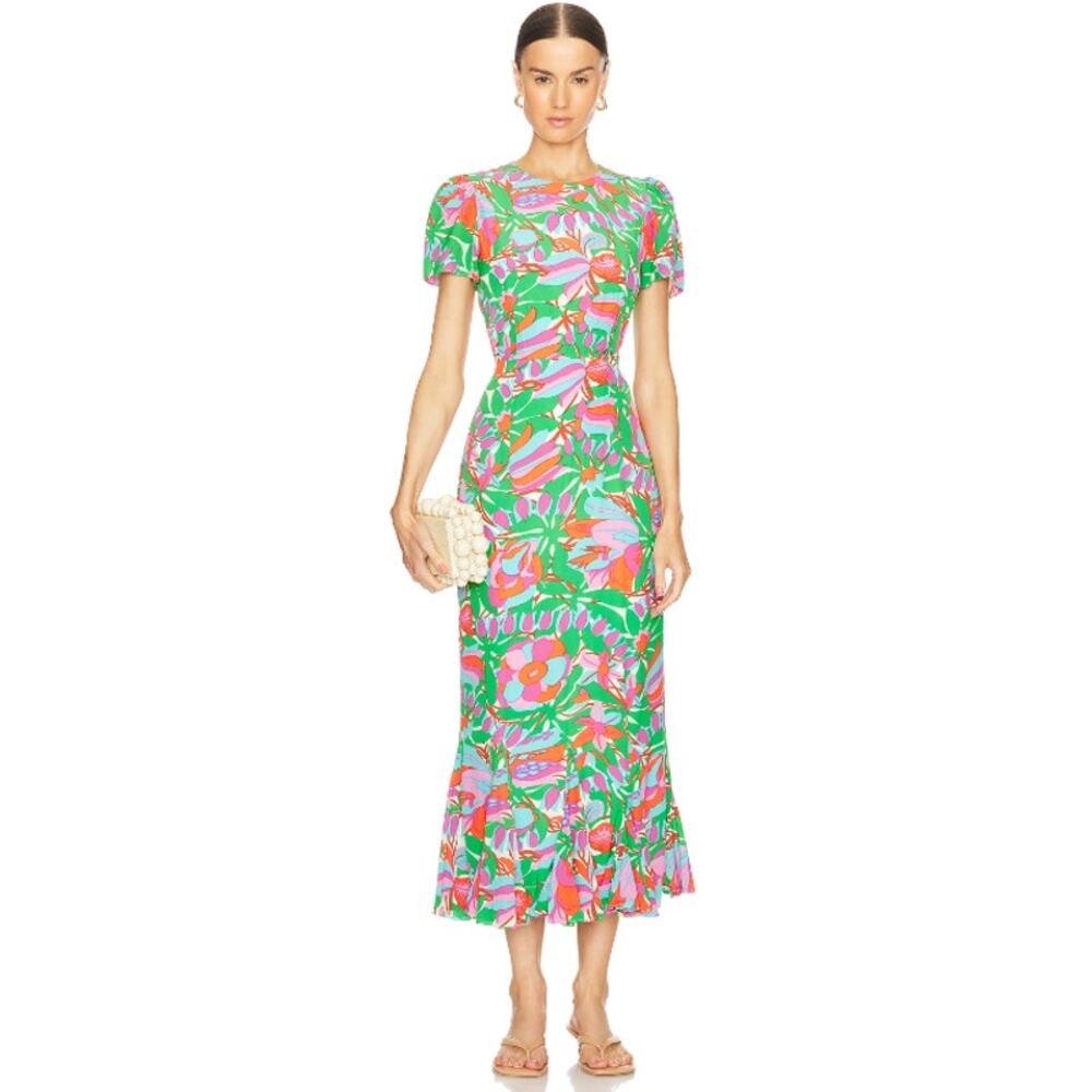 RHODE Lulani Dress White Fleur Tropicale Ruffle Hem Midi Green Floral Dress 4